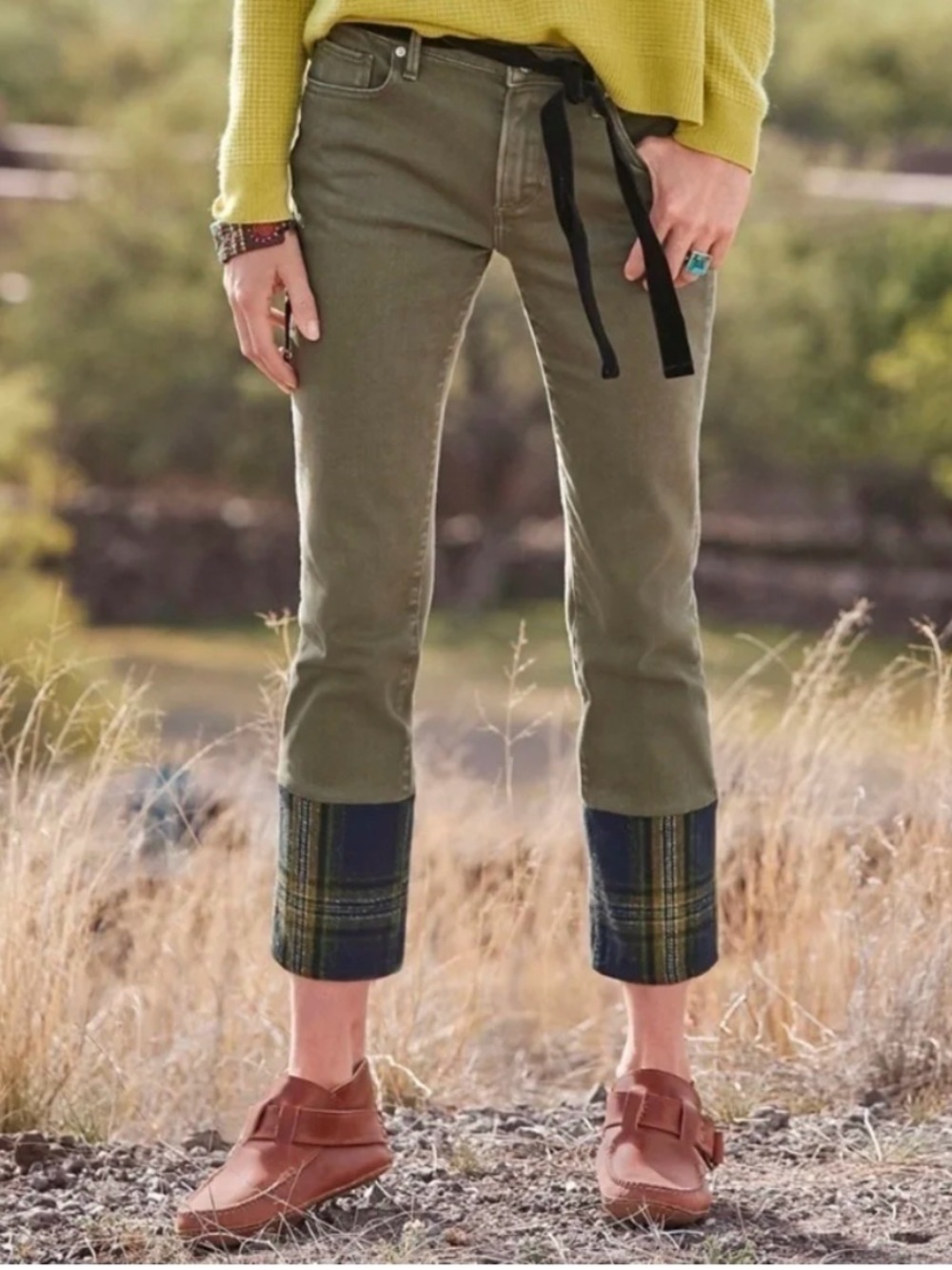 Driftwood Plaid Cuffed Olive Green Jeans 31